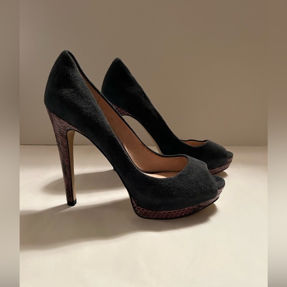 JOAN & DAVID - Blue Suede Purple Snake OpenToe High Heel Platforms - Sz 7M - Picture 4 of 14